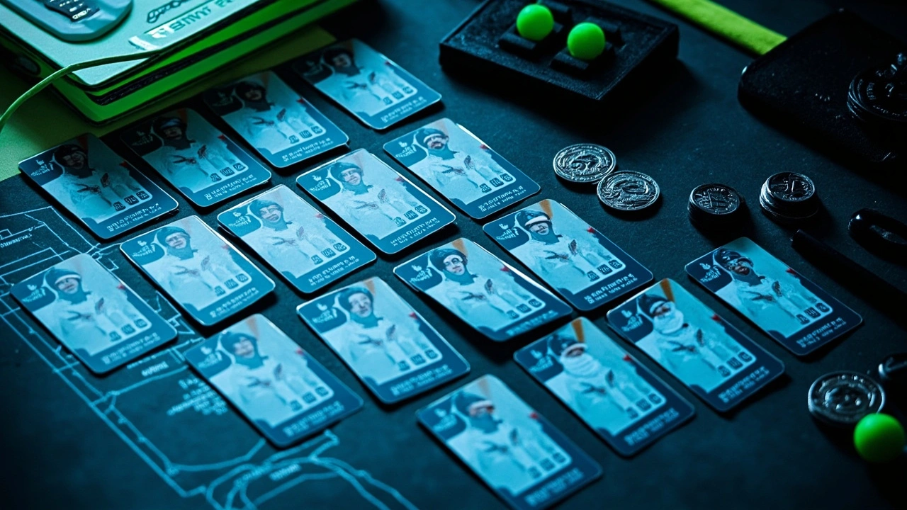 Cricket role cards and budget tokens used to plan a fantasy team