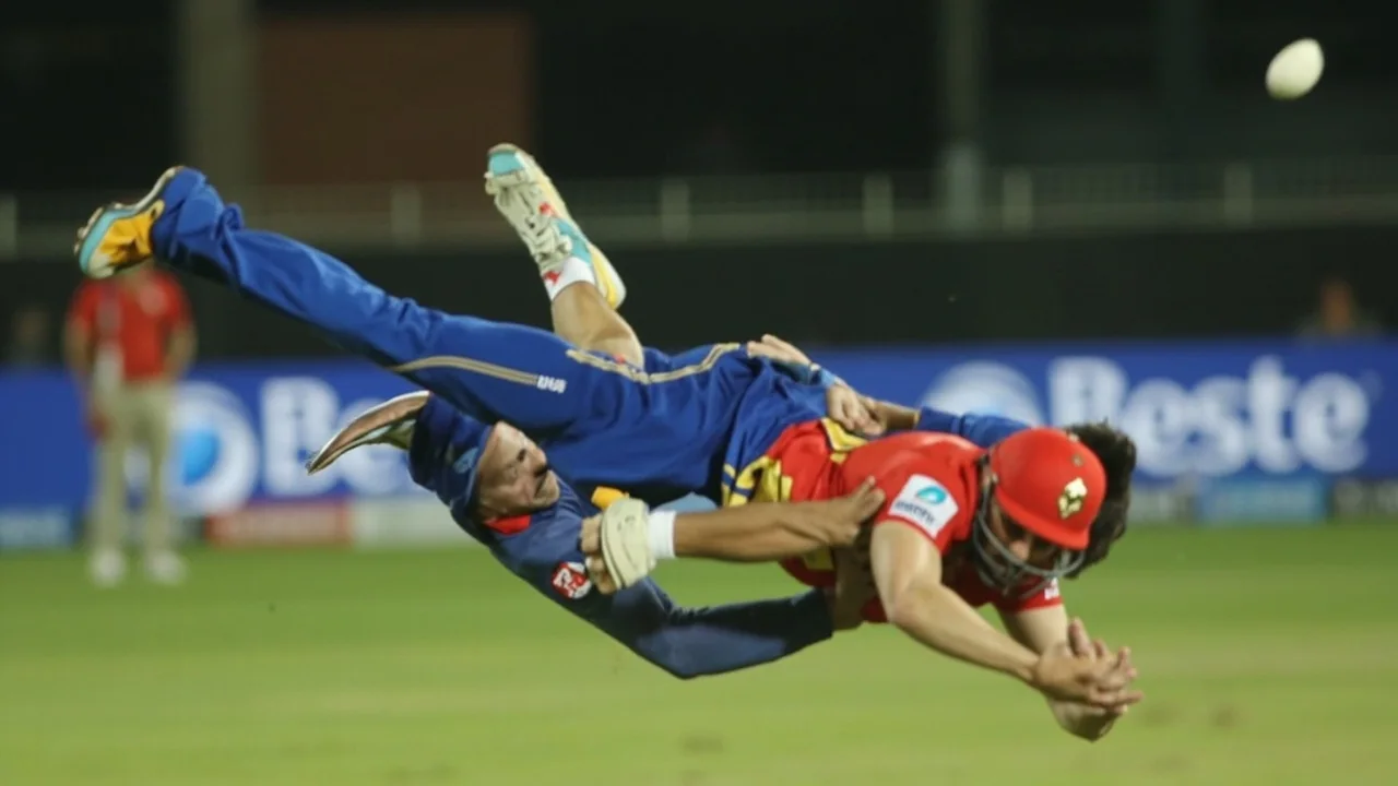Tight crop of the New Delhi Tigers captain mid-strike as his boot deflects the ball into the stumps at the non-striker's end, framing the fielding moment that turned the DPL 2026 opener into a Super Over