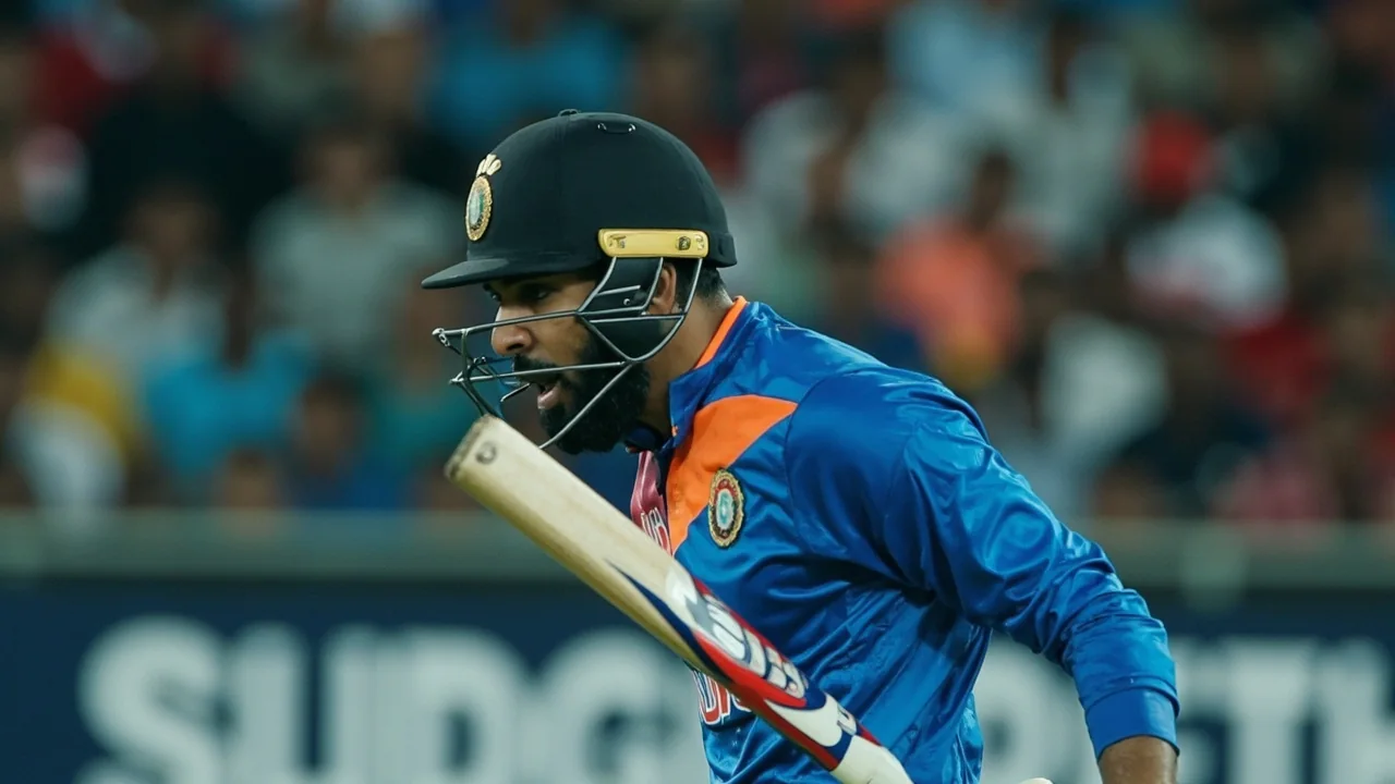 Tight sideline frame of a young Indian batter playing an attacking shot during a day-night T20I chase