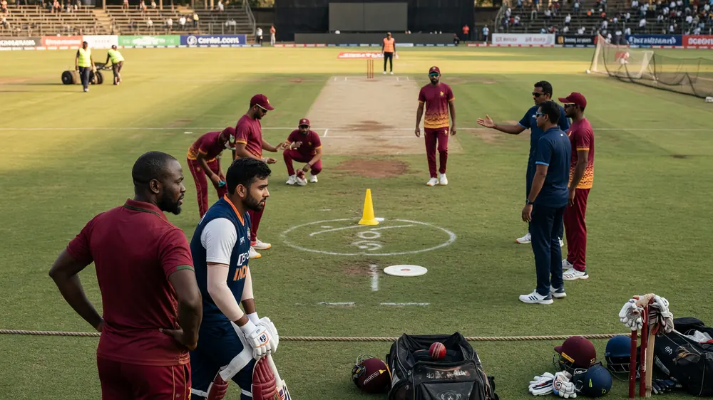 Cricket fielders set in close catching positions on a green pitch during a tactical passage of play