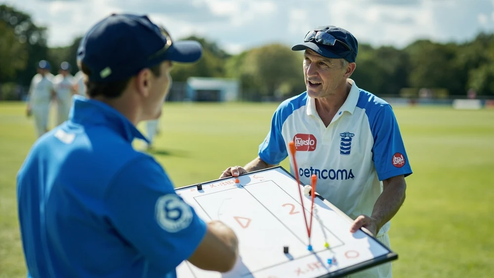Mumbai Indians captain and analyst planning field roles on a tactics board